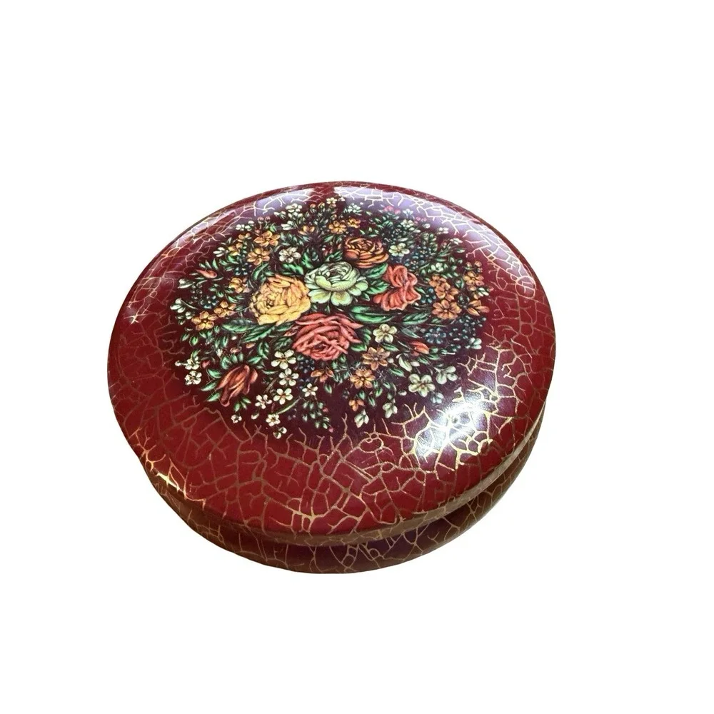 Daher Decorated Ware Tin Gold Trim Floral Lidded Round Trinket Box England 11101